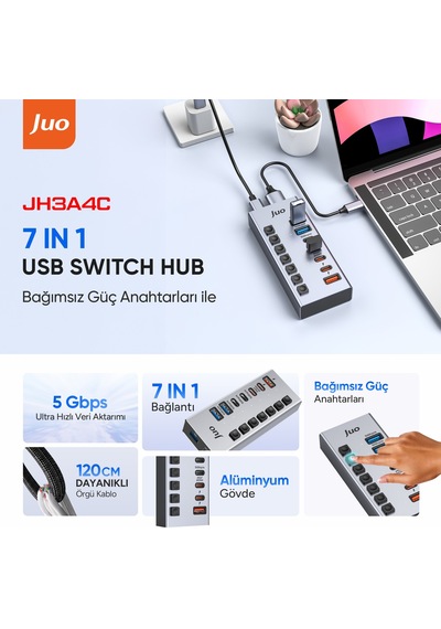 Juo Usb-a 7 Portlu Anahtarlı 3 Usb-a 4 Type-c 5gbps Pd Hızlı Şarj Destekli Usb 3.1 Çoklayıcı Dönüştürücü Hub