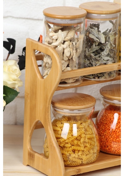 Bambu Standlı Cam Baharat Takımı Bambu Kapak 7'li Fma05078 Ahşap