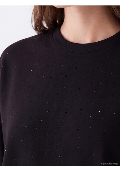Lcw Modest Siyah Taşlı Soft Touch Kadın Sweatshirt Tunik