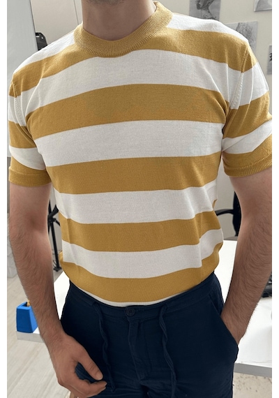 Erkek Yuvarlak Yaka Örme T-shirt Beyaz-sarı