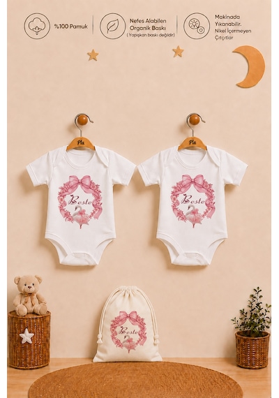 Pia Baby İsme Özel Kız Bebek Hediyesi 2'li %100 Pamuk Organik Baskılı Çıtçıtlı Body Zıbın Ve Ham Bez Kıyafet Kesesi 1030b2k2x Ekru