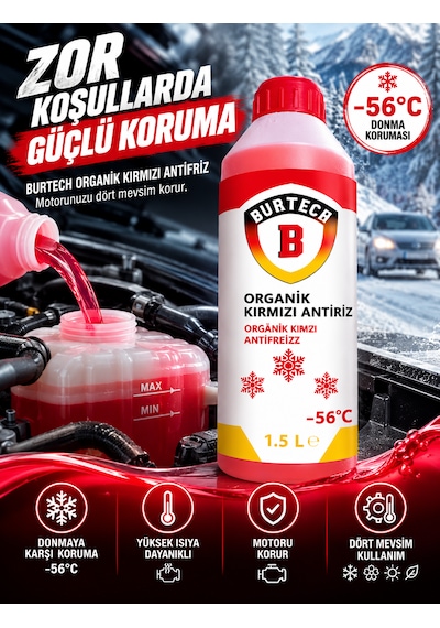 Burtech Organik Kırmızı Antifriz -56 C 1,5 Litre Motor Radyatör Soğutma Sıvısı Pembe