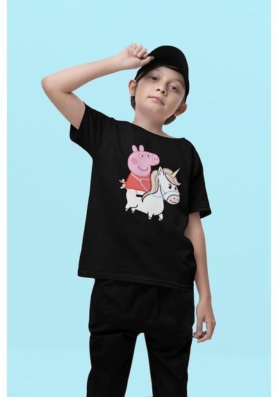 Sevbano Peppa Pig Unicorn Baskılı Unisex Çizgi Film Çocuk Tişört 1-12 Ya Siyah