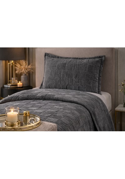 Goldroom Home Ranya Kadife Nakışlı Tek Kişilik Yatak Örtüsü Antrasit
