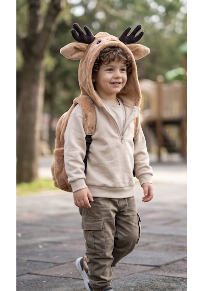 Unisex Çocuk Su Geçirmez Geyik Tasarımlı Çıkarılabilir Kapüşonlu Sırt Çantası Brown