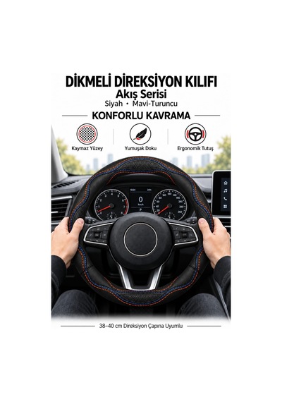 Trobus Citroen C3 2024-2025 Uyumlu Dikmeli Direksiyon Kılıfı Akış Siyah Mavi-turuncu Siyah - Mavi-turuncu