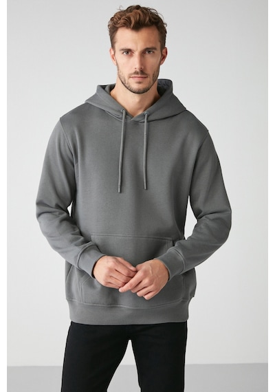 Grimelange Jorge Erkek Yumuşacık Kapüşonlu Organik Pamuk Kanguru Cepli Regular Koyu Gri Sweatshirt