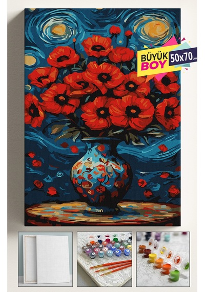 Sayılarla Boyama Seti Numaralı Tuval Fırça Boya Dahil Kasnaklı Set 50x70 Cm - Yıldızlı Gece Gelincik