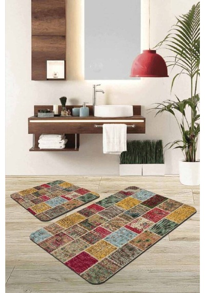 Renkli Patchwork Banyo Halısı Klozet 2'li Paspas Seti Bs293n11 Çok Renkli