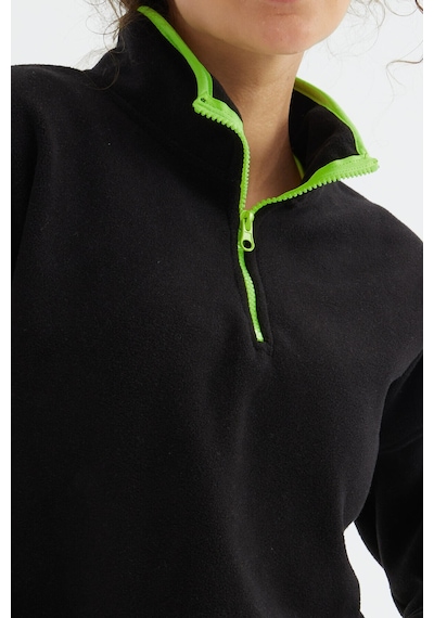 Tommy Life Siyah Yarım Fermuar Etek Ucu Büzgülü Dik Yaka Oversize Kadın Polar Sweatshirt - 97234 Siyah