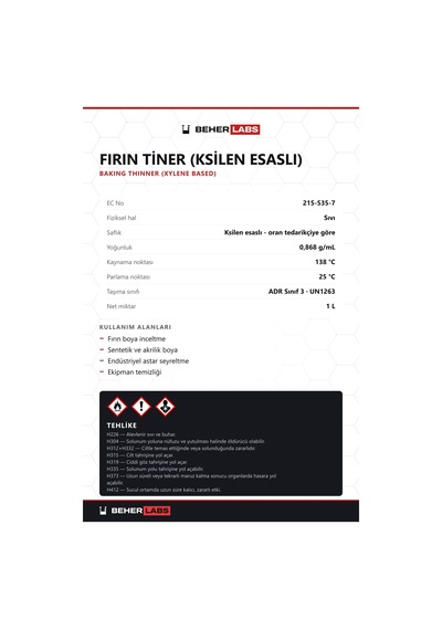 Beherlabs Fırın Tiner Ksilen Esaslı 1 L