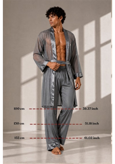 Qmen Style Erkek Şifon 3'lü Kimono - Pijama - Şort Seti Gri