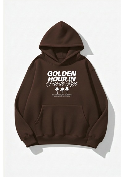 Uyguntarz Unisex Yumuşak Dokulu Golden Hour Baskılı Tasarım Oversize 3 İplik Hoodie Sweatshirt Kahverengi