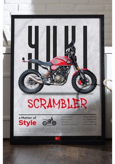 Yuki Scrambler Siyah Ahşap Çerçeveli Poster, Dekoratif Motosiklet Duvar Tablosu