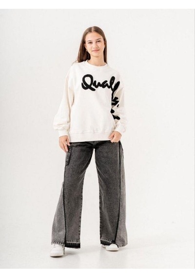 Kız Çocuk Quality Yazılı Pamuklu Sweatshirt-14780 Ekru