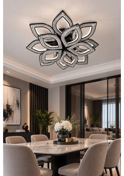 Yonca Model Siyah Kumandalı 13"lü Ledli 3 Renk Modu Kristal Salon Mutfak Yatak Çocuk Odası Avize
