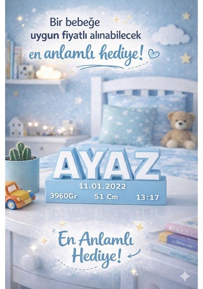 Kişiye Özel İsimli Bebek Odası Dekorasyonu - Yenidoğan Doğum Bilgili Hediyelik Künye Açık Mavi