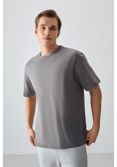 Air Jones Tommy Life Koyu Gri %100 Pamuk Kalın Yumuşak Dokulu Oversize Fit Basic Erkek T-shirt - 88353 Koyu Gri
