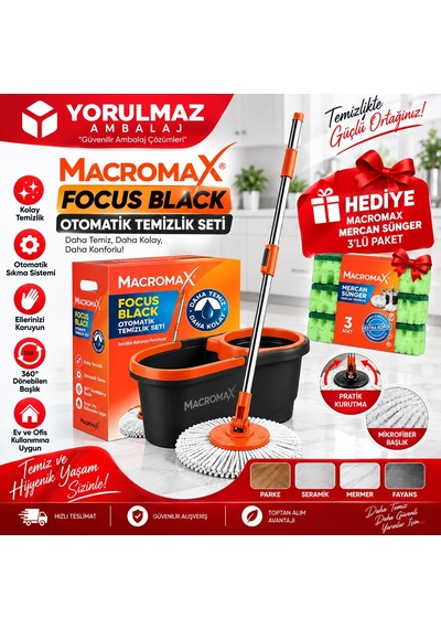 Macromax Focus Black Otomatik Temizlik Seti + 3 Lü Mercan Sünger Hediye Döner Başlıklı Mikrofiber Mop