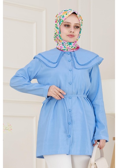 Sevitli Çift Yaka Dantelli Tunik-indigo-4986 Indigo