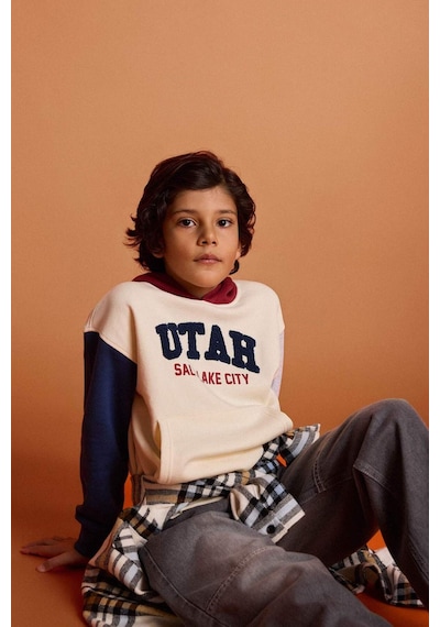 Defacto Erkek Çocuk Oversize Geniş Kalıp Kapüşonlu Baskılı İçi Yumuşak Tüylü Sweatshirt G5561a825cwer233 Ekru-er233
