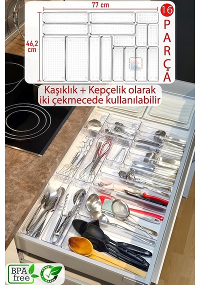 16'lı Set Modüler Kaşıklık Ve Kepçelik Çekmece Içi Düzenleyici Şeffaf Mutfak Organizer Şeffaf 8