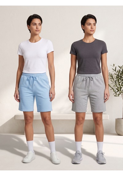 Machi Makiteks Kadın Mavi Gri İkili Rahat Kesim Beli Lastikli Cepli Penye Şort Günlük Basic Rejenere Sweat Bermuda Gri - Mavi