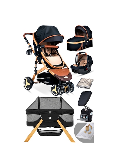 Baby Home Yeni Doğan 9 İn 1 Full Takım 945 Travel Sistem Bebek Arabası Angel Sepet Anne Yanı Beşik Altın - Siyah