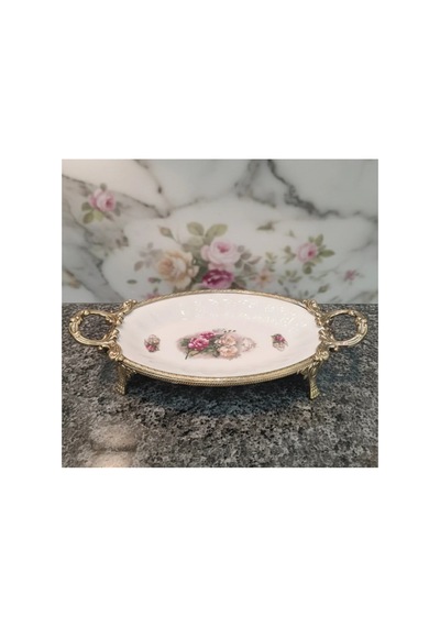 Dekoratif Bronz Eskitme Metal Ayaklı Oval Çiçekli Porselen Sunumluk Tabak