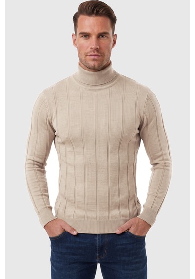 Deepsea Erkek Bej Slim Fit Likralı Tam Balıkçı Yaka Çizgili Boğazlı Kazak 2505504 Bej