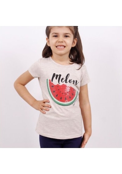 Toontoy Kids Toontoy Kız Çocuk Melon Baskılı Karpuz Nakışlı Tişört Kahve Melanj