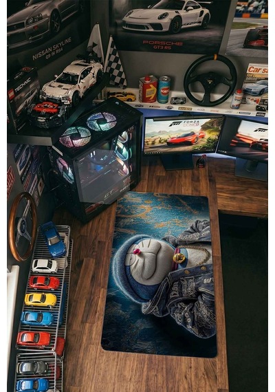 Doraemon Hip Hop Kot Ceket Tasarımı 40x90 Cm Oyuncu Mousepad Kaymaz Taban Büyük Boy Siyah