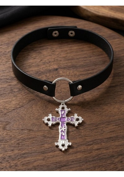 Mor Haç Detaylı Choker Kolye Kadın Gotik Boyunluk Kolye Punk Alternatif Moda Aksesuarı Ayarlanabilir Yaka Kolyesi