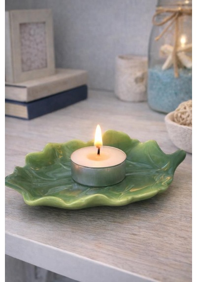 Yaprak Formlu Seramik Mumluk Dekoratif Tealight Mumluk, Yemek Masası & Ev Dekoru Yeşil Yeşil