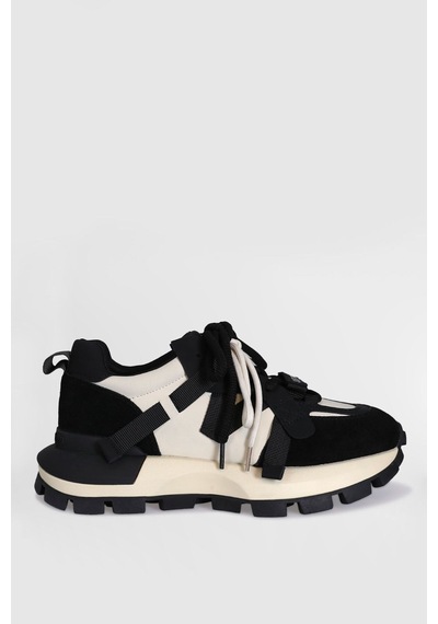 LUFIAN Hakiki Deri Bağcıklı Model Kadın Sneaker Siyah Beyaz Ayakkabı