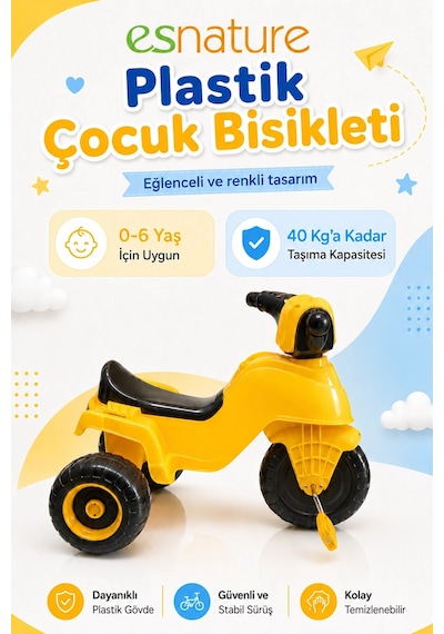 Esnature Plastik Çocuk Bisikleti 3 Tekerlekli Pedallı Led Işıklı Sarı 0-6 Yaş 40 Kg Taşıma Kapasitel