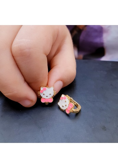 22 Ayar Altın Kaplama Pembe Fiyonklu Kedili Gümüş Çocuk Küpesi