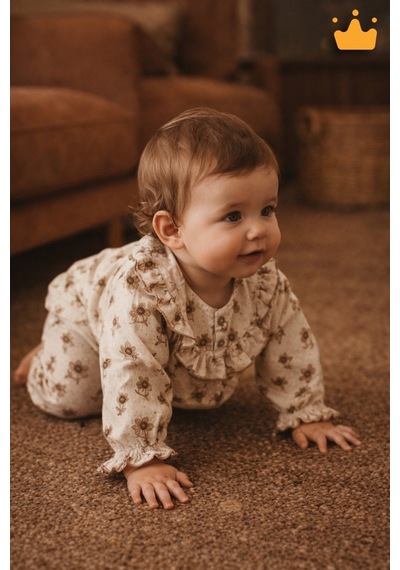 Babyhola Kız Bebek Bayramlık Takım Fırfır Yakalı Çiçek Desenli Müslin İkili Set 2010 Bej