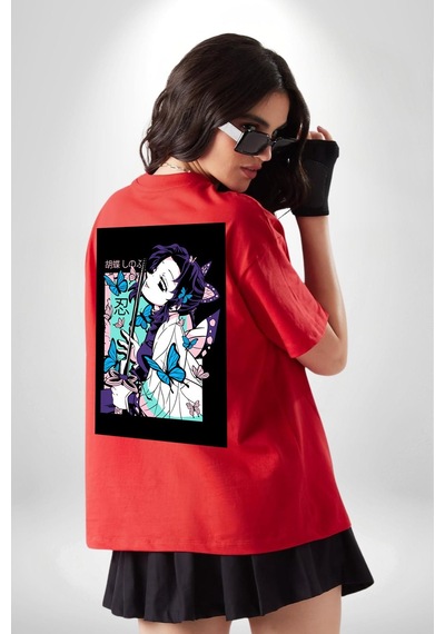 Shinobu Kocho Demon Slayer Kırmızı Oversize Unisex Ön Ve Sırt Baskılı Tişört Kırmızı