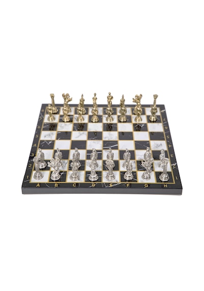 Lüks Metal Satranç Takımı Krom Kaplama Roma Ordusu Figür & Klasik Mermer Desenli Siyah Tahta 20 Cm.
