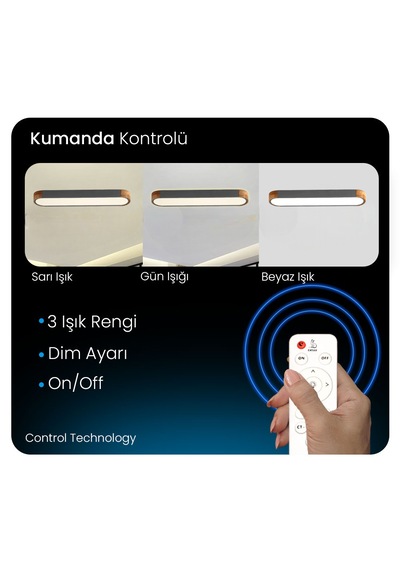 Oval Antrasit Kumandalı Dimli 3 Işık Renkli 95x14cm Ahşaplı Led T Antrasit