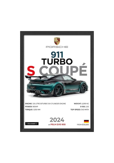 Porsche 911 Turbo S Coupe Siyah Ahşap Çerçeveli Poster, Dekoratif Araba Duvar Tablosu
