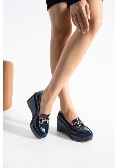 Zenne Shoes Dolgu Topuklu Tokalı Kadın Ayakkabı Lacivert