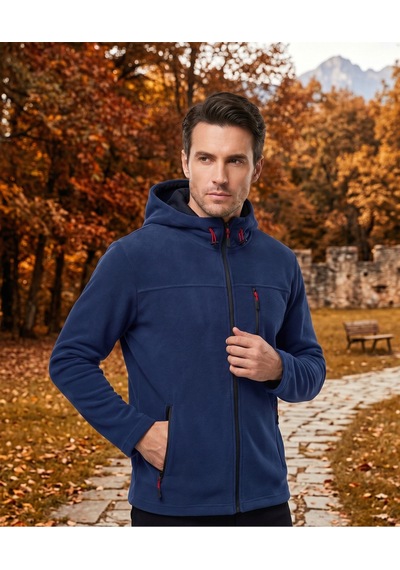 Luxıc Core Erkek Kapüşonlu İndigo Lacivert Polar 3 Cepli Fermuarlı Sıcak Tutan Kışlık Outdoor Hoodie Günlük Stilpro