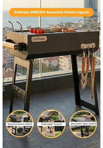 Grillmate Gm60ka Asansörlü Döküm Izgaralı Katlanır Barbekü Mangal