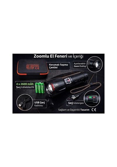 6000 Lümen 60w Şarjlı El Feneri - 2 Km Menzilli 10400 Mah Powerbank 4 Pilli Metal Fener Rt-t709 Çok Renkli