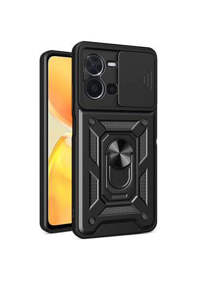 Maks Technology Vivo Y35 Kılıf Magnetik Standlı Kamera Korumalı Mkst Sürgülü Vega Kapak - Siyah