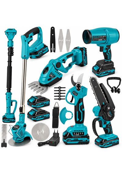 Assur Asr1385 21v Şarjlı Çok Fonksiyonlu Bahçe Seti Mini Zincirli Testere, Budama Makası, Çim Biçme, Çit Kesme, Hava Üfleme, Teleskopik Uzatma, 3 Akülü
