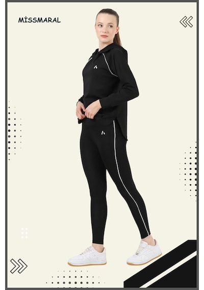 Kadın Eşofman Takım Siyah Üst Tunik & Siyah Regular Fit Lycralı Tayt Dalgıç Kumaş Aktif Spor 3060 Siyah Beyaz Şeritli