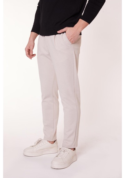 Braccas Erkek Beli Bağcıklı Yandan Cepli Slim Fit Jogger Bej Pantolon Bej